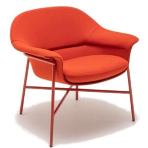 Upholstered Ismo Armchair in orange with a metal frame. Office lounge furniture with a curved back and armrests.