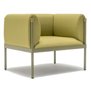 Upholstered Stilt Armchair in green. Metal frame with four legs. Modern design.