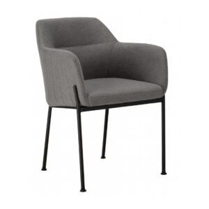 Angled view of a gray upholstered Artu Armchair with black metal frame, perfect for modern commercial interiors.