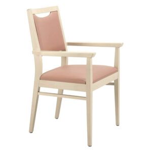 Angled view of a Bety High Back Armchair featuring a light wood frame and blush-colored upholstered seat and back.
