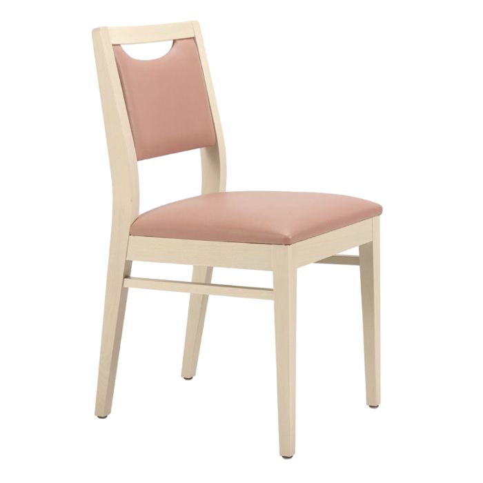 Bety side chair with light wood frame and upholstered seat and back in a light pink. Traditional style side chair.