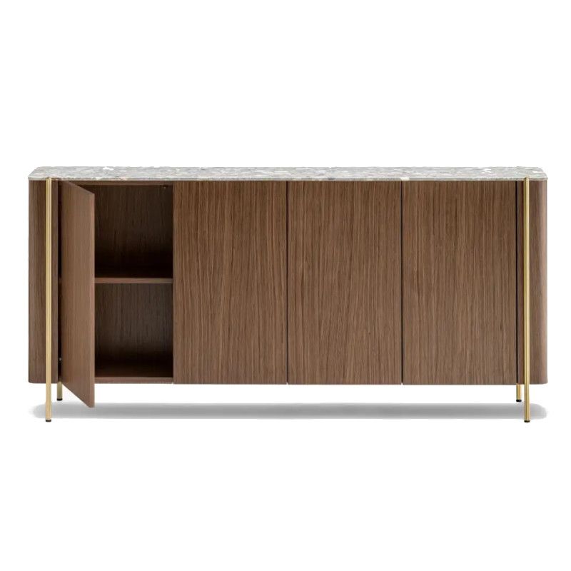 Front view of the Blume 4 Sideboard showing dark walnut doors, an open left compartment, stone top, and gold legs.