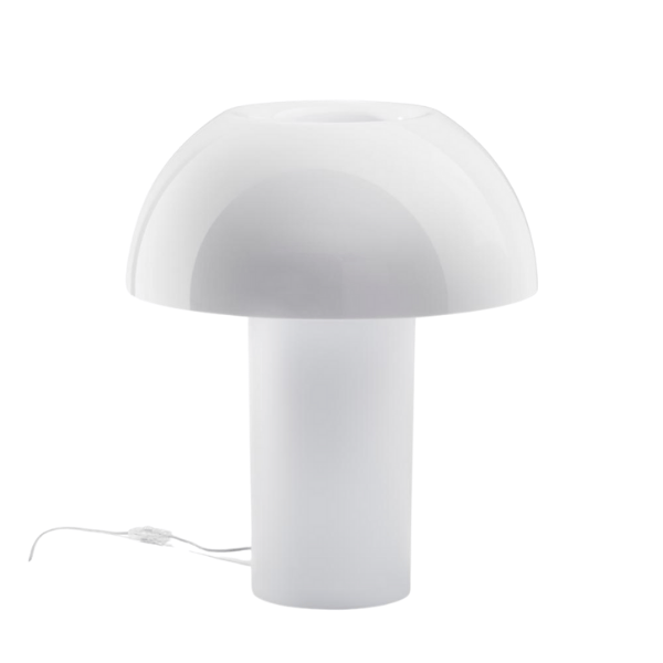 Front view of a white Colette Large Table Lamp, mushroom-shaped with a cylindrical base and dome shade, modern lighting.
