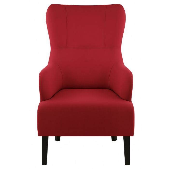 Front view of a red upholstered Columbia Lounge Chair with black wooden legs, perfect for hotel or restaurant furniture.