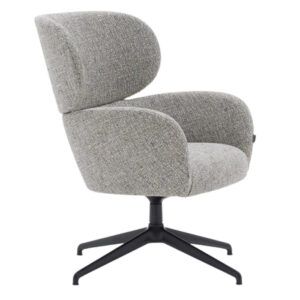 Side view of Sofia 05 Lounge Chair in gray fabric upholstery with black swivel base. Modern wingback design.