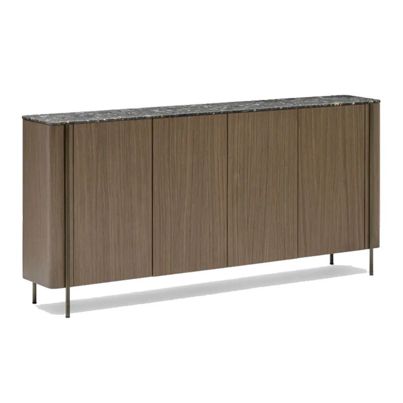 Studio shot of the Blume 4 Sideboard with dark wood doors, a speckled stone top, and minimalist metallic legs.