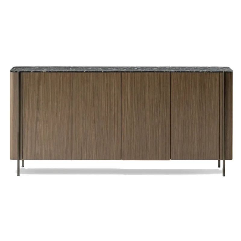 Straight-on profile of the Blume 4 Sideboard with walnut veneer doors, dark stone top, and slender bronze metal frame.