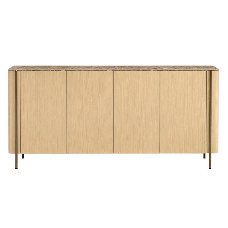 Blume 4 Sideboard featuring light ash wood veneer doors, a textured brown stone top, and sleek vertical metallic legs.