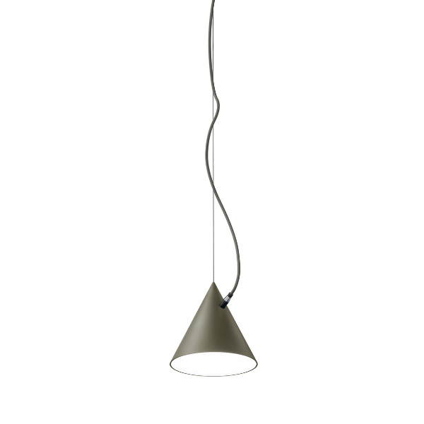 Minimalist olive green Castor Small Pendant Light with a cone shade and gray cord, providing focused downlight.