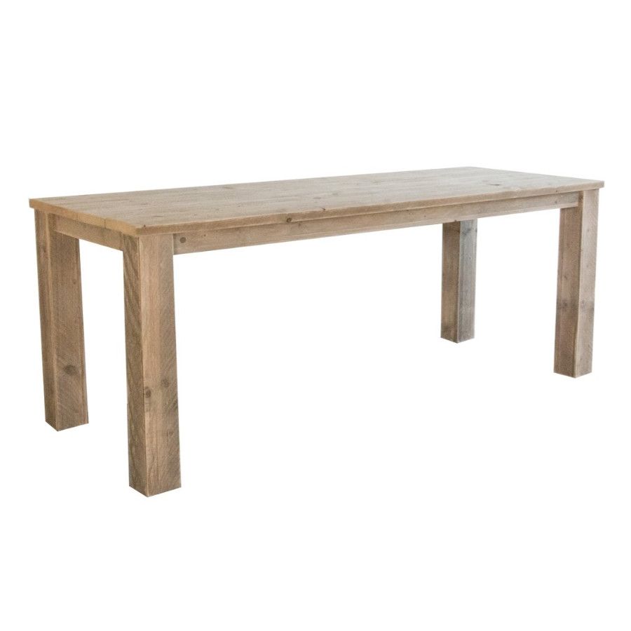 Front view of a rustic Cedar Dining Table. The table has a simple design with thick, straight legs and a rectangular top.