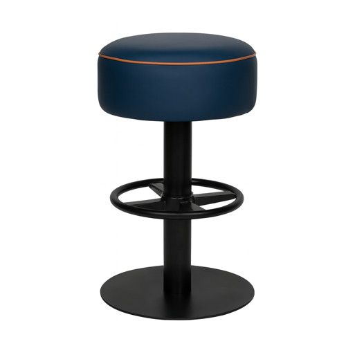 Upholstered Dome Barstool in navy with orange trim and black metal frame. Contemporary seating for bars and restaurants.