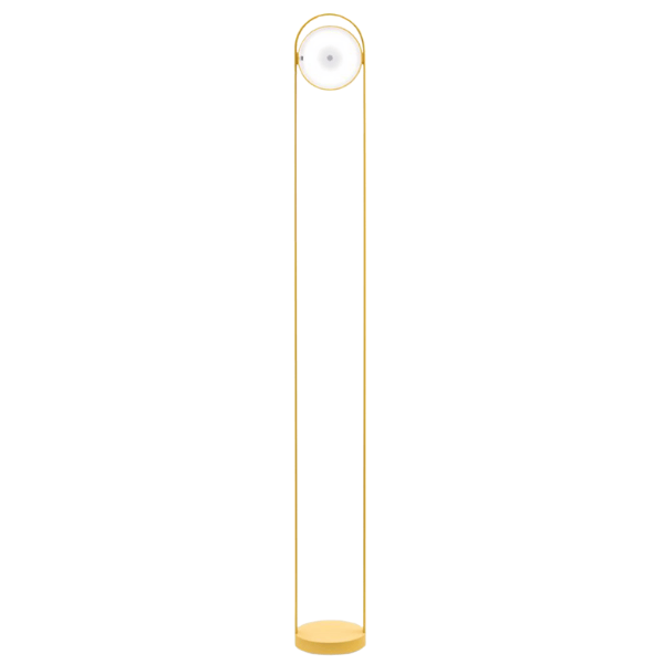 Giravolta 1799T130 Floor Lamp, a modern yellow LED wireless lamp with a circular base, looped frame, and disc-shaped light.