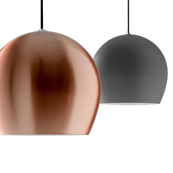 Close-up of copper and gray Isotta Pendant Lights, showcasing their dome shape and modern design.