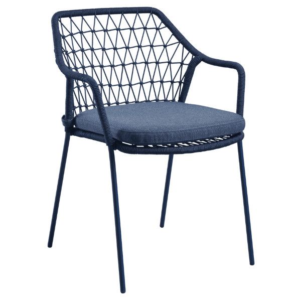 Front view of a blue Ritz Armchair with a metal frame and a woven back, showcasing its modern design and comfortable seat.