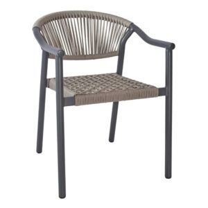 Stylish Barcelona Armchair: Woven seat and vertical back detailing, metal frame. Ideal for outdoor restaurant or hotel settings.