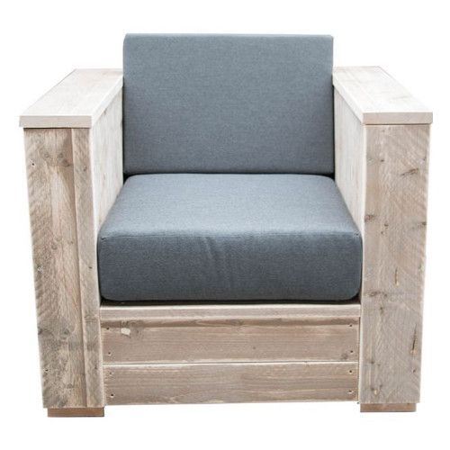 Front view of a Cedar Sofa featuring a wooden frame and upholstered grey cushions. Minimalist, suitable for indoor/outdoor use.