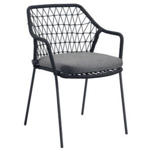 Ritz Armchair, front view. Black metal frame, gray upholstered seat. Modern, stackable outdoor chair for hospitality settings.