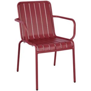 Front view of a red Ritz Armchair, featuring a metal frame, slatted seat & back, and armrests, suitable for outdoor use.