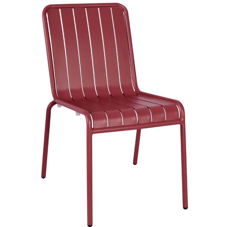 Burgundy Ritz Side Chair featuring a metal frame, stackable design, and slatted seat and back for style and comfort.