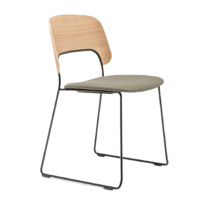 Angled view of the Toro Lounge Chair featuring a light wood back, upholstered seat, and sleek black metal frame, stacking office chairs, workplace furniture.