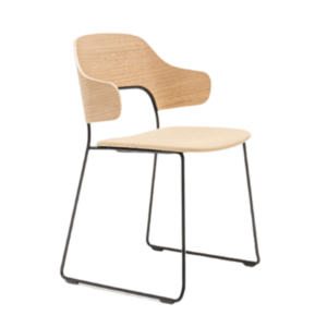 Angled view of the Afi Arm Chair, featuring a wooden backrest, upholstered seat, and a sleek black metal frame, workplace furniture.