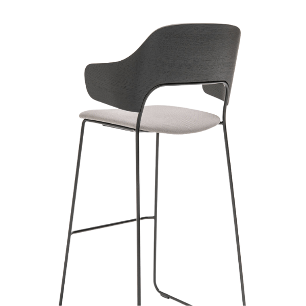 Afi Barstool rear view: gray upholstered seat, dark wood backrest with armrests, slim dark metal frame. Contemporary style.