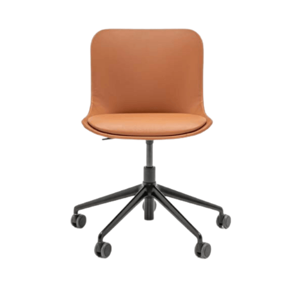 Front view of a Baltic Classic Desk Chair with a tan upholstered seat and back, and a black metal frame with wheels.