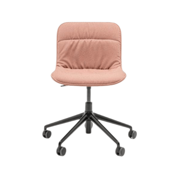 Front view of the Baltic Soft Desk Chair in blush fabric with a black metal swivel base, ideal for modern interiors.