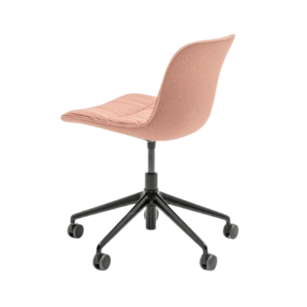 Angled view of a pink Baltic Soft Desk Chair with a black metal swivel base and wheels, against a white background.