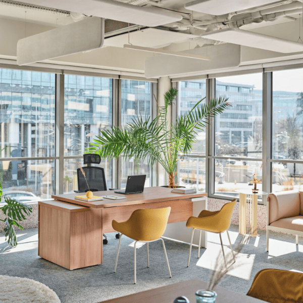 Angled view of yellow Baltic Classic M Armchair with wood frame in an office setting. Modern, comfortable polypropylene seat.
