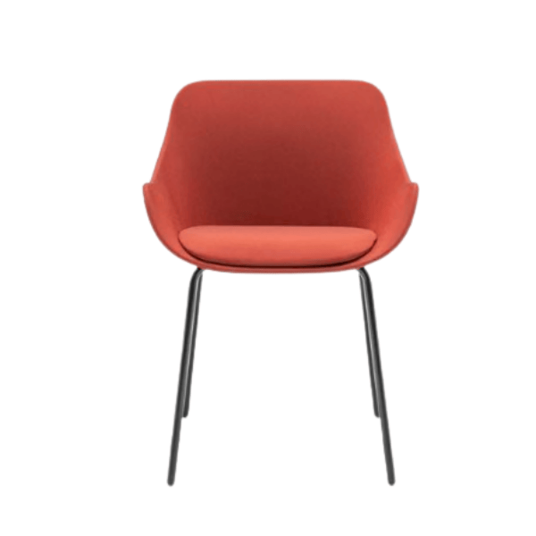 Front view of a Baltic Classic M Armchair in burnt orange upholstery with slim black metal legs. Modern, comfortable design.