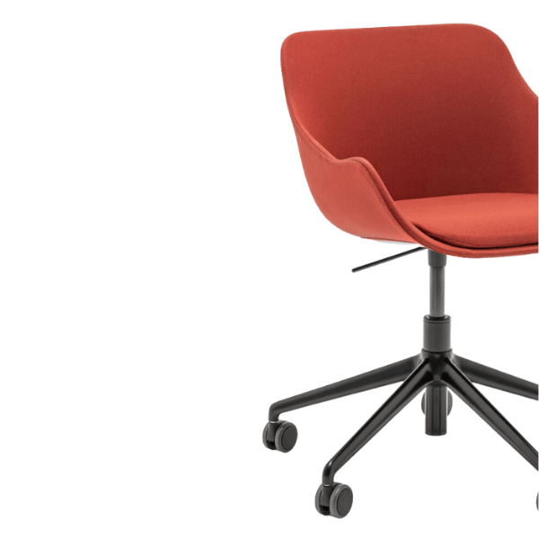 Angled view of a Baltic Classic A Desk Chair with a red upholstered seat and black metal frame, on a 5-star base with castors.