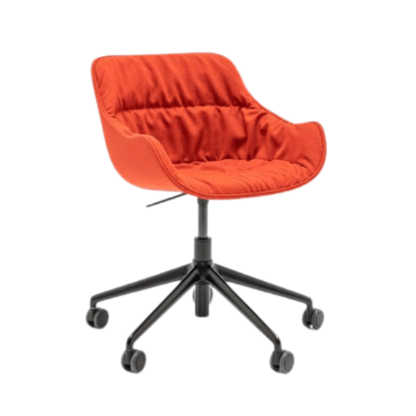 Angled view of Baltic Soft A Desk Chair in orange fabric with black metal frame and 5-star castor base.
