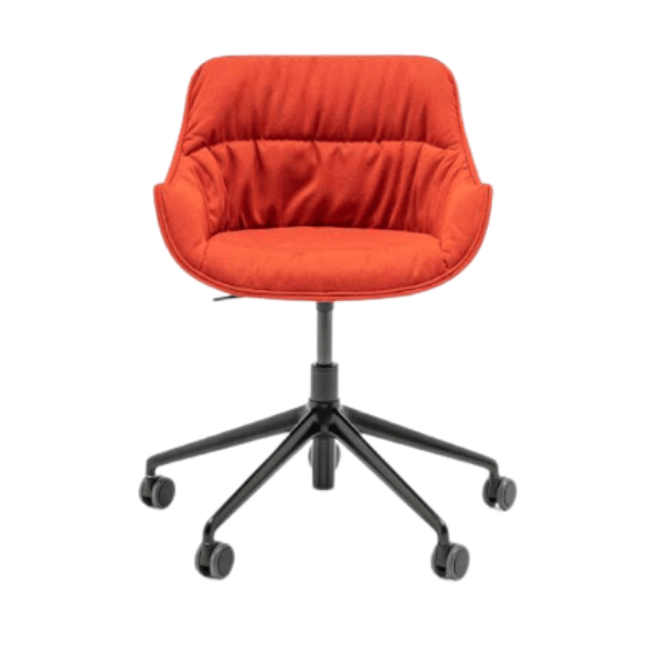 Front view of a red Baltic Soft A Desk Chair with black metal frame and 5-star base with castors on a white background.