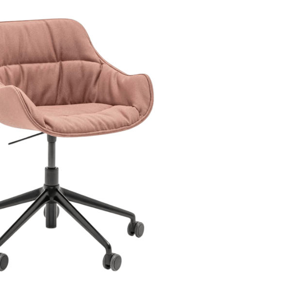 Angled view of a Baltic Soft A Desk Chair in rose fabric with black metal frame and 5-star base with castors.