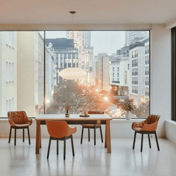 Baltic Soft W Armchair with upholstered seat and back, black legs, in a light-filled room with a cityscape view.