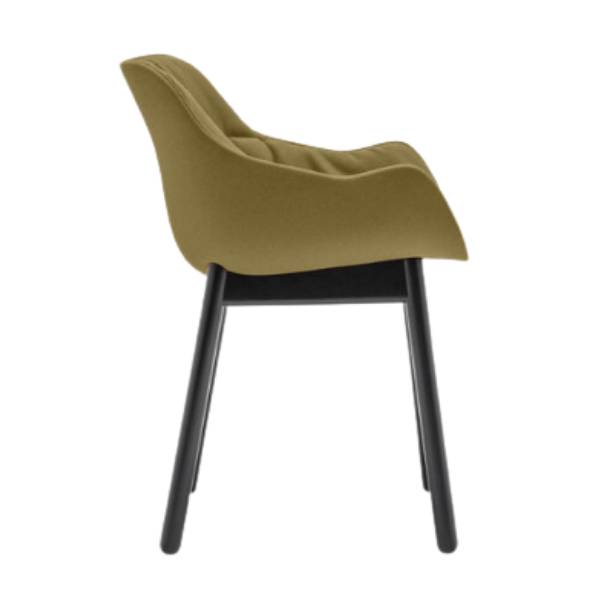 Side view of a Baltic Soft W Armchair featuring a factory fabric upholstered seat and backrest with black metal frame.