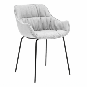 Baltic Soft M Armchair in light gray fabric with a cushioned seat and back, featuring slim black metal legs, front view.