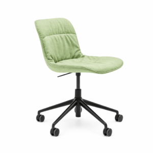 Angled view of Baltic Soft S Desk Chair in light green fabric with a black metal frame and 5-star castor wheel base.