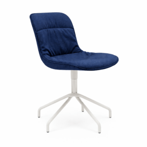 Angled view of a Baltic Soft S Side Chair featuring a blue upholstered seat and a white metal swivel base.