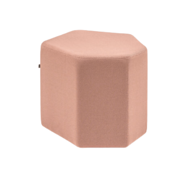 Bazalto Pouf, a modern, upholstered, hexagonal ottoman in a light peach color. Comfortable seating for lounges and break rooms.
