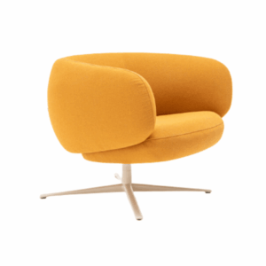 Angled view of the yellow Grace Grand Lounge Chair with metal swivel base, upholstered seat and curved back for comfort for workplace and hotel furniture.
