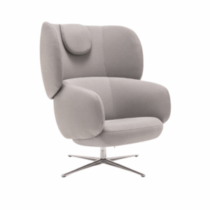 view of the light gray Grace Grand Lounge Chair featuring a metal, height-adjustable swivel base and wraparound upholstered back, tilt and swivel mechanism, suitable for workplace furniture.