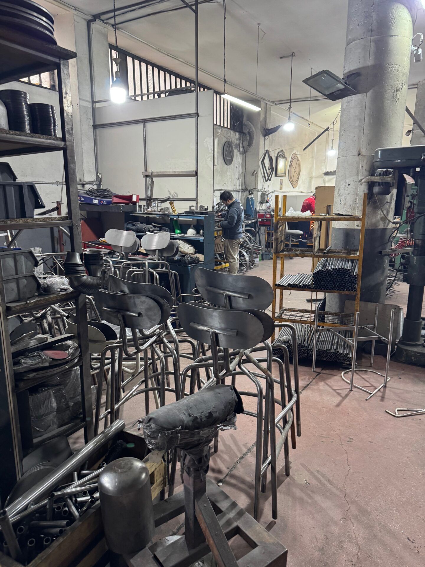 Istanbul Furniture Fair: Metal furniture parts in factory. Design elements for chair production, industry inspiration.