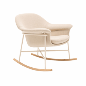 Ismo Rocking Lounge Chair in cream upholstery with metal frame and wood rockers, workplace furniture, hotel furniture.