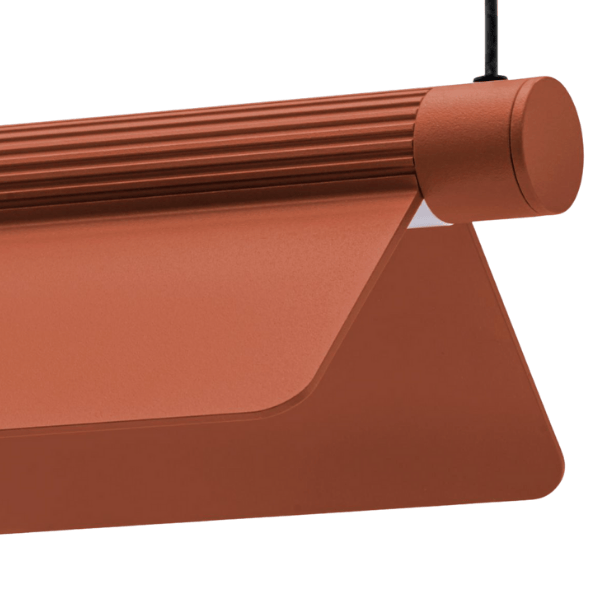 Close-up of a stylish, terracotta-colored Kawara Pendant Light, showcasing its geometric design and ribbed texture detail.