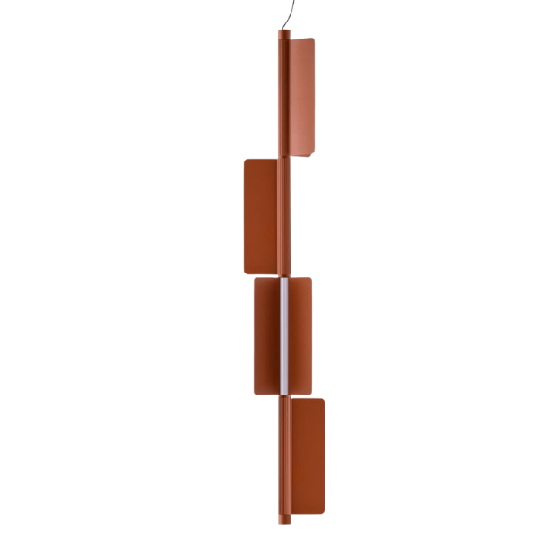 Angled view of the modern Kawara Floor Lamp in copper finish with stacked rectangular diffusers, by Pedrali.