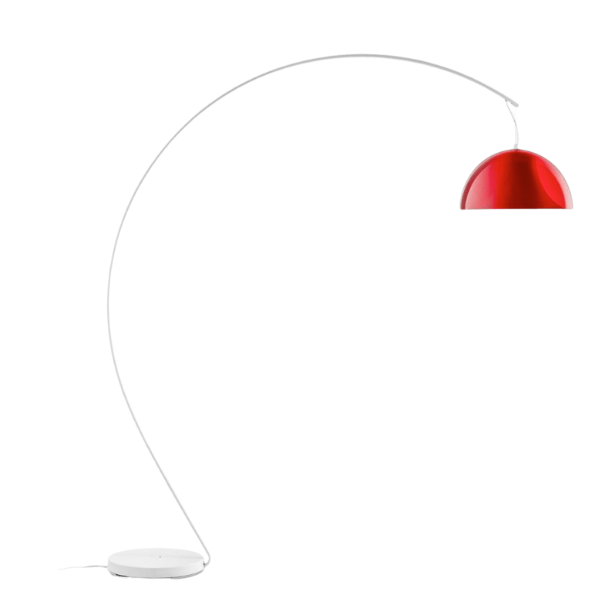 Modern L002ST floor lamp with a white metal base and a striking red domed shade, offering ambient lighting.