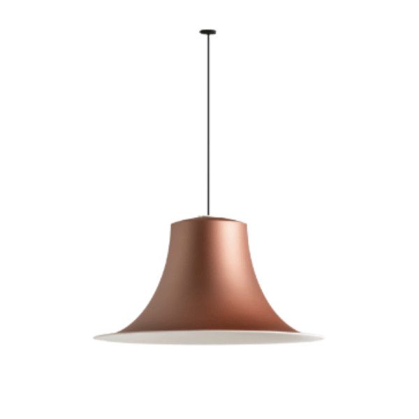 L004CW Pendant Light: Copper conical shade with white interior and black suspension cord. Contemporary ceiling lighting.