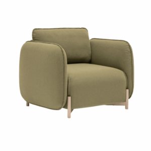 Studio shot of the Linka Lounge Chair in olive-green upholstery with light wood legs. Contemporary, comfortable design, workplace furniture.